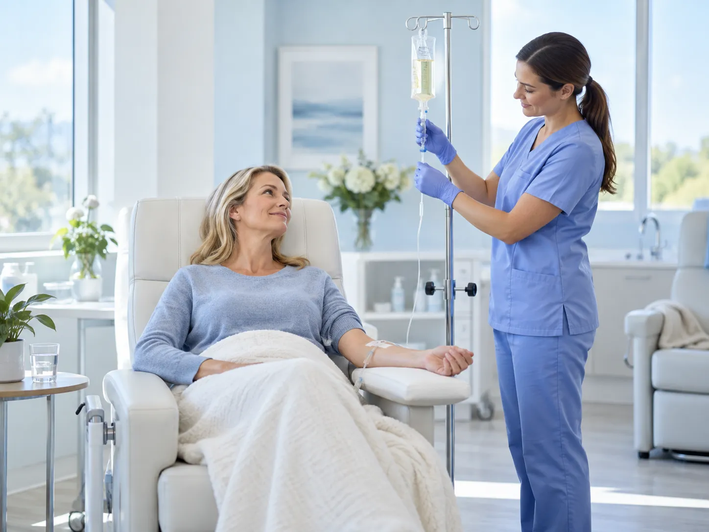A patient receiving an IV wellness infusion from a clinician
