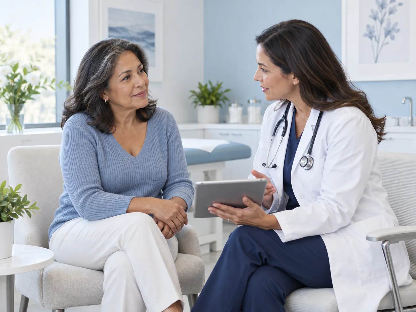 A woman discussing bioidentical hormone therapy with her physician