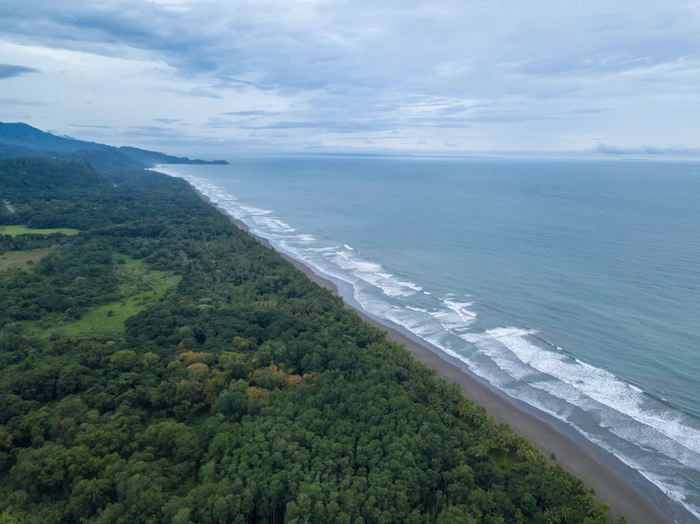 Aerial view of Dominical Beach and surrounding rainforest