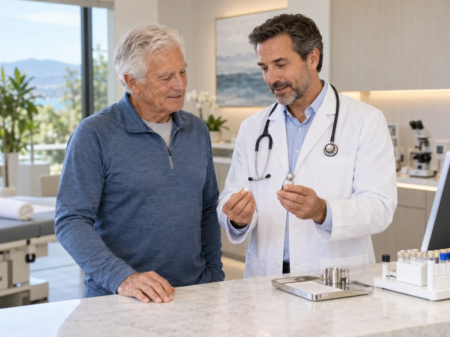 An older patient discussing growth hormone therapy with a physician