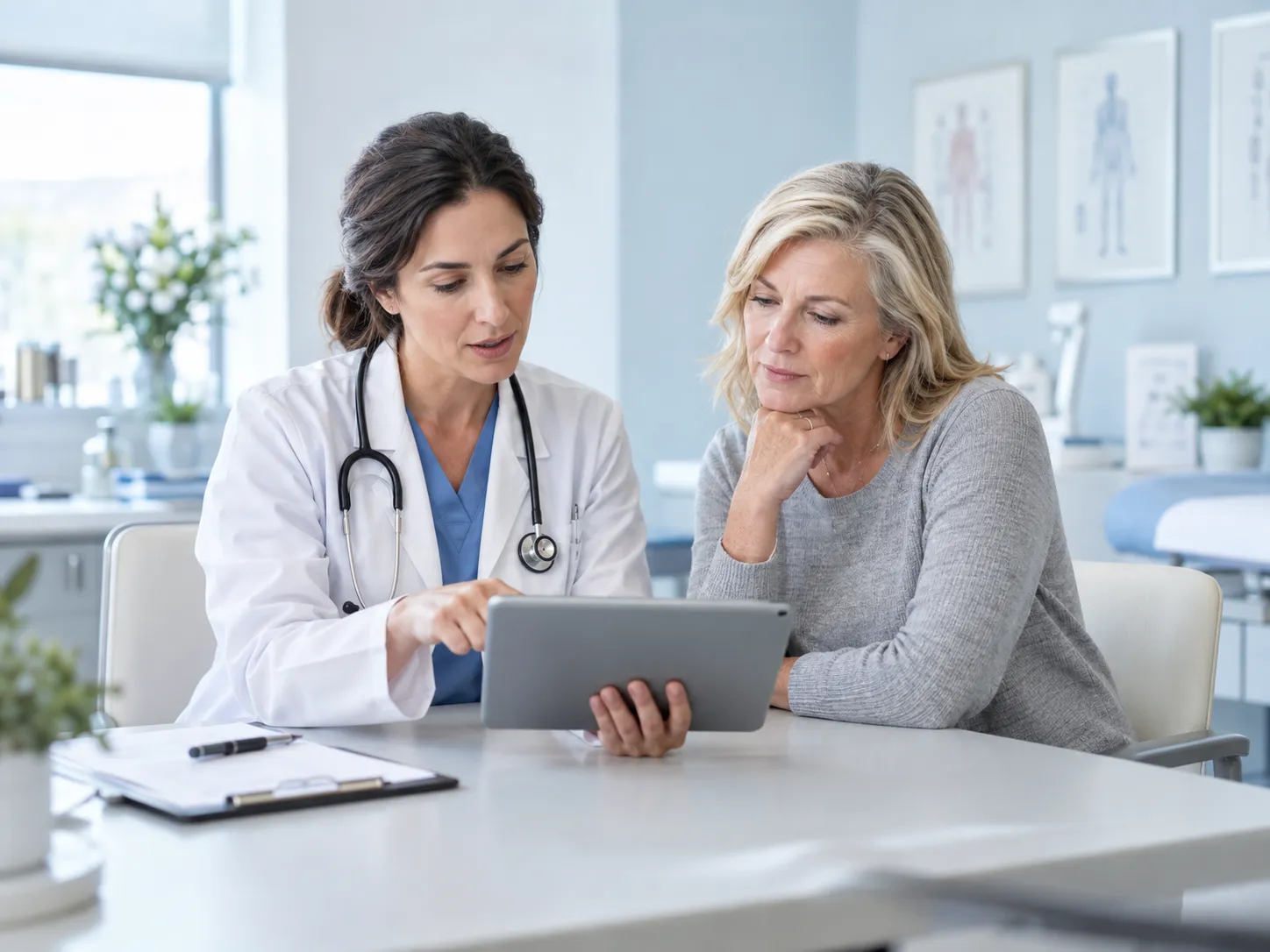 A woman discussing hormone optimization with her physician
