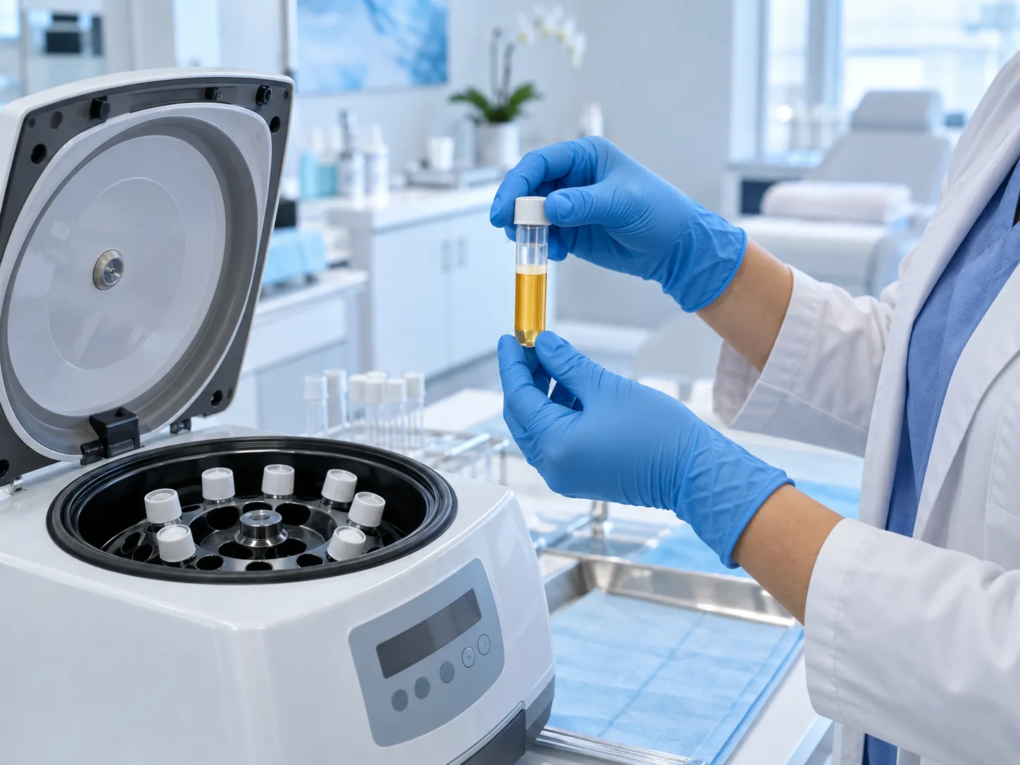 A clinician preparing platelet-rich plasma in a medical clinic