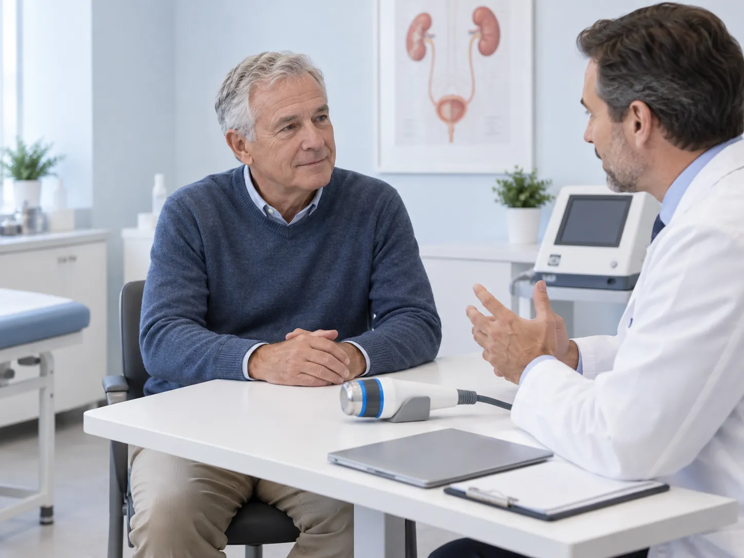 A patient discussing shockwave therapy with a urology physician
