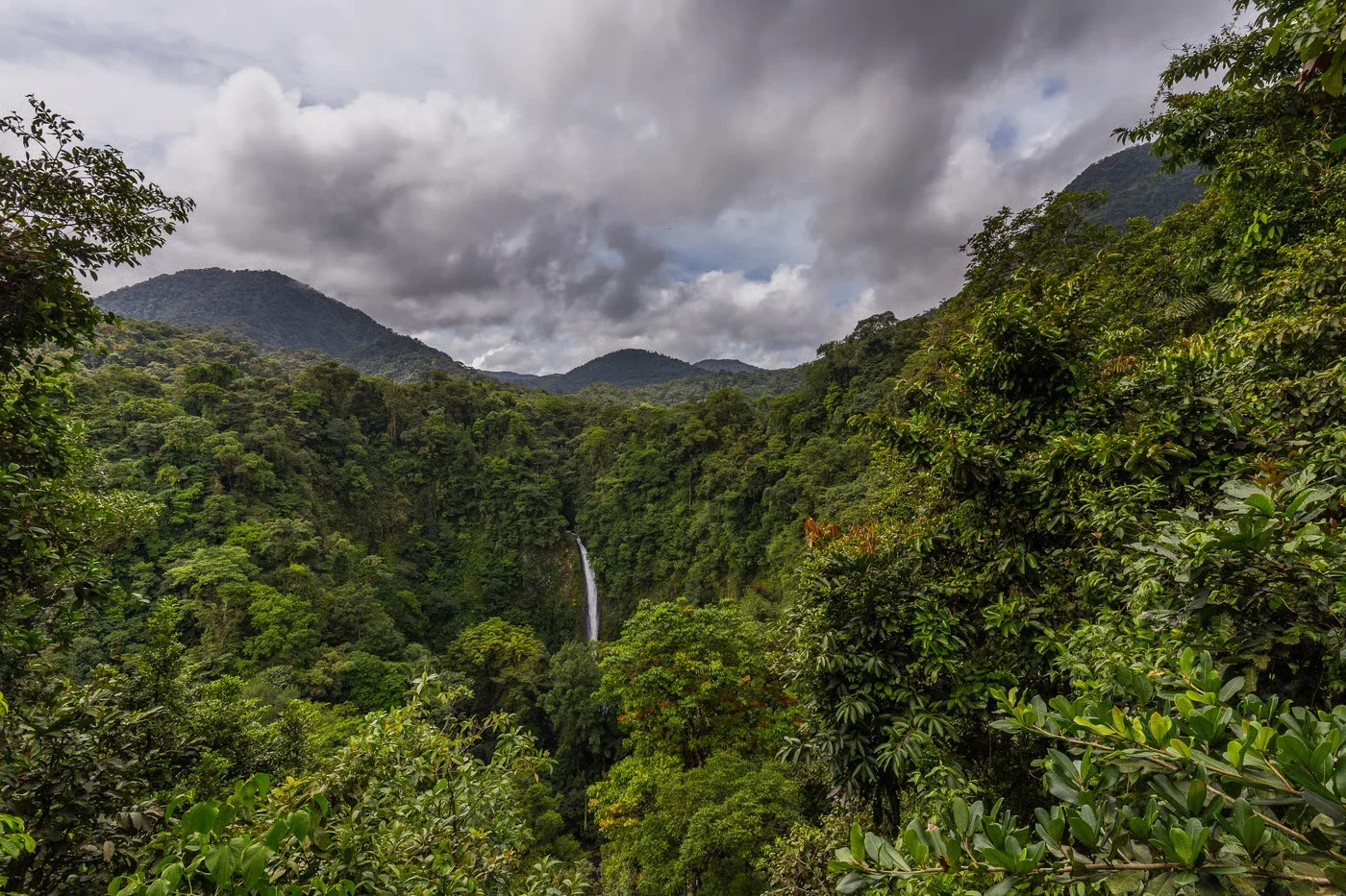 La Fortuna Waterfall surrounded by tropical rainforest