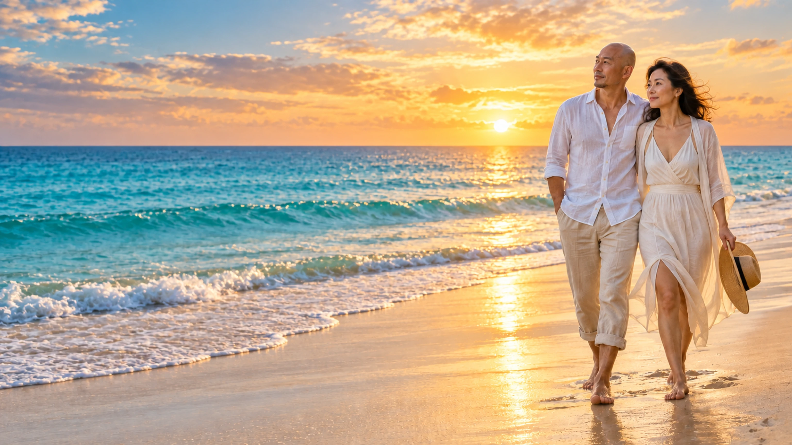 An Asian couple enjoying a clean tropical Costa Rican beach.