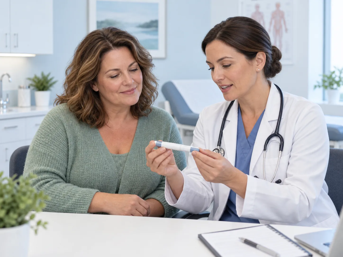 A patient reviewing a GLP-1 injection pen with a clinician