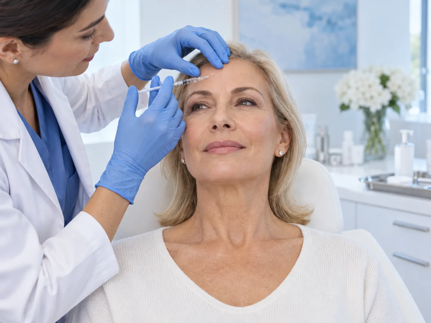 A patient receiving a precise facial injectable treatment from a clinician